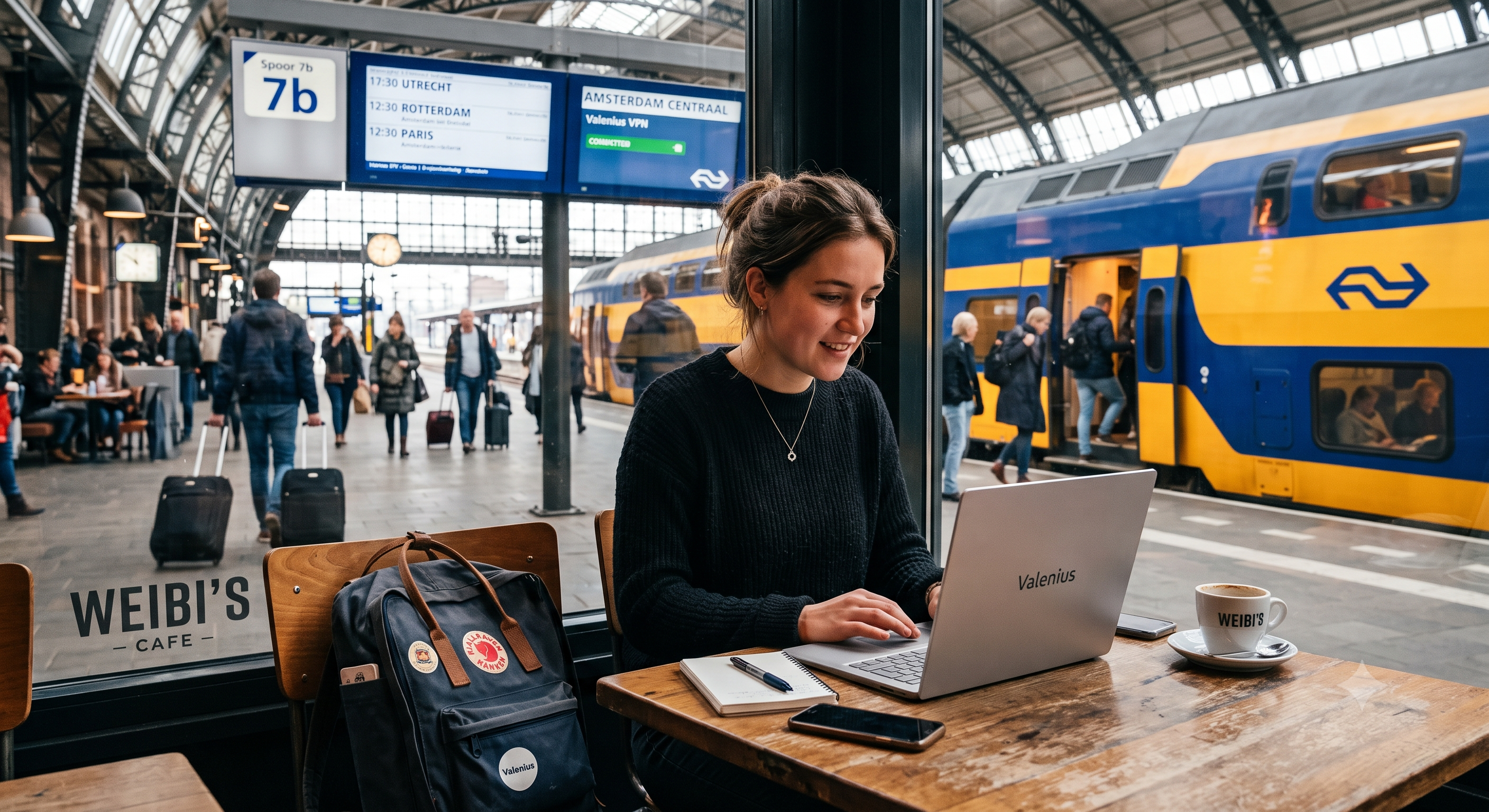 Person using Valenius Windows client easily at a train station cafe